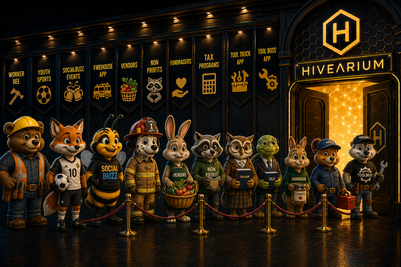 A cast of friendly HIVEARIUM profession characters representing workers, youth sports, SocialBuzz events, firehouses, vendors, nonprofits, fundraising, tax programs, and tool services